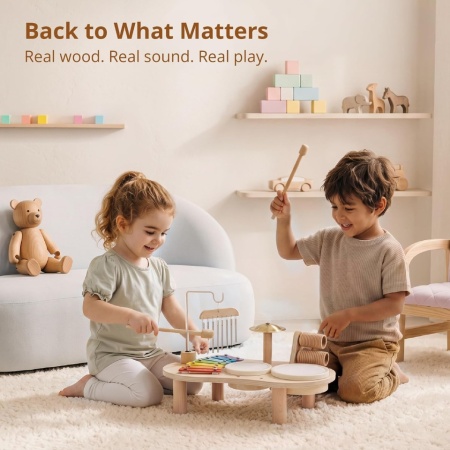 Set Muzical Complet de Tobe și Instrumente din Lemn pentru Copii 1-3 Ani Typec Home, Centru de Activități Sonore Montessori cu Xilofon, 2 Tobe, Chimval din Alamă, Clopoței de Vânt și Zornăitoare - Img 5