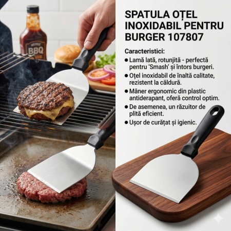 Spatulă Profesională pentru Burgeri, Oțel Inoxidabil, Lamă Lată și Mâner Ergonomic, Model BBQ 107807 - Img 2