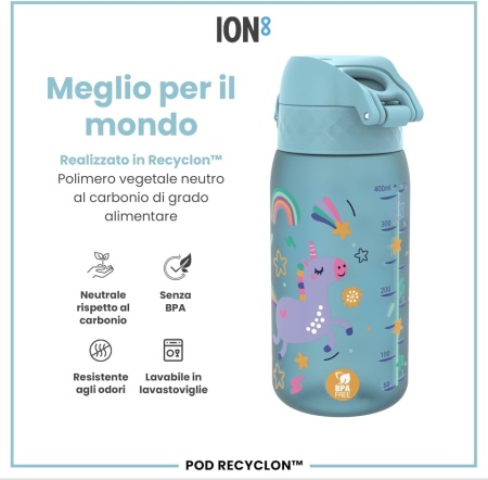 Sticlă de Apă pentru Copii ION8 350 ml, Etanșă Anti-Scurgere (Leak Proof), Capac cu Deschidere Rapidă One-Touch și Blocare de Siguranță, Mâner Integrat, Fără BPA din Recyclon®, Compatibilă cu Mașina de Spălat Vase, Model Blue Unicorns - Img 4