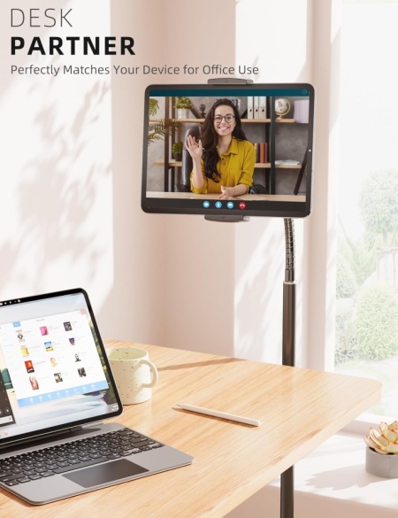 Suport de Podea Reglabil pentru Tabletă și Telefon LanPavilion, Braț Flexibil Tip Gât de Lebădă 40 cm, Rotație 360°, Bază Metalică Stabilă și Grea (1.8 kg), Compatibil 4.7–12.9 Inch, Negru - Img 6