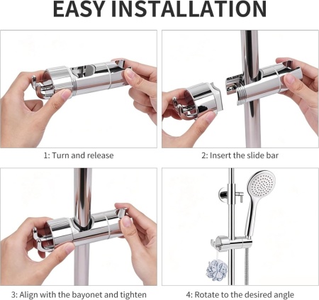Suport / Glisor Universal Reglabil pentru Para de Duș, Compatibil Bare de 18–25 mm, Rotație 360°, cu Cârlig Integrat, Finisaj Cromat (Argintiu) - Img 2