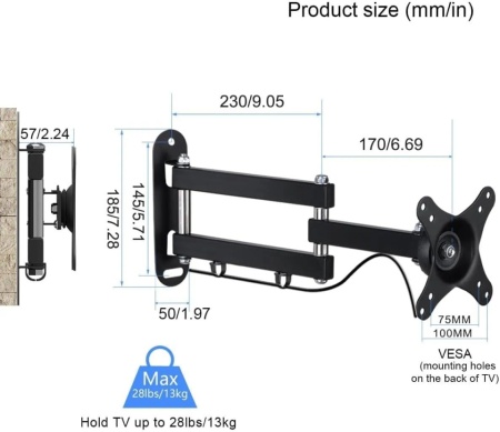 Suport TV și Monitor de Perete Reglabil Suptek MA2720, Braț Articulat pentru Ecrane 15–32 Inch, VESA 75x75 / 100x100 mm, Pivotare 180°, Înclinare ±20°, Sarcină Maximă 13 kg, Oțel Aliat, Negru - Img 5