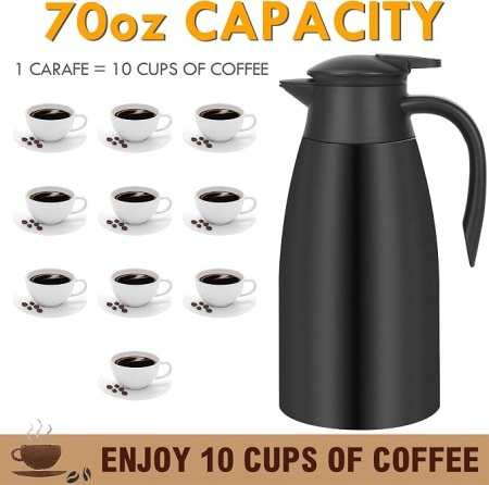 Termos cana termica pentru cafea si ceai, 2 Litri (70 oz), din inox alimentar cu pereti dubli vidati, cana izoterma mentinere cald/rece, capac cu buton de turnare, Argintiu/Negru - Img 7