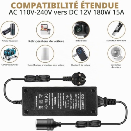 Adaptor Alimentare Auto 220V–240V la 12V 15A (180W), Convertor Tensiune AC-DC cu Mufă Tip Brichetă Auto, Redresor Stabilizat pentru Compresor Auto, Ladă Frigorifică, Aspirator Auto și Ventilator, Cablu UE Inclus - Img 9