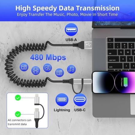 Cablu Spiralat 2 în 1 Typec Home USB la USB-C și Lightning, Suport Apple CarPlay și Android Auto, Încărcare Rapidă 3A și Sincronizare Date, Cablu Retractabil Anti-Încâlcire pentru iPhone 18/17/16/15/14/13, iPad și Dispozitive Android, Argintiu (Silver) - Img 4