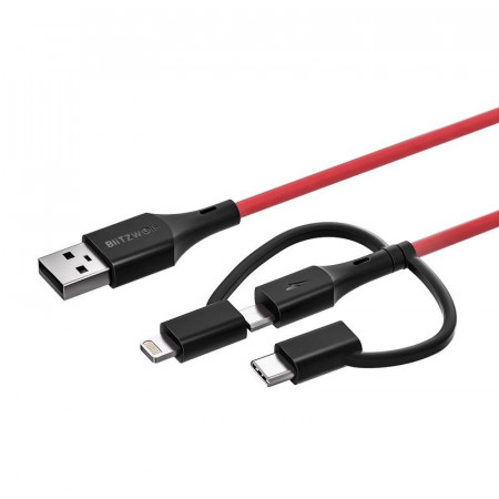 Cablu USB 3in1 certificat MFI, BlitzWolf BW-MT4, micro USB / USB-C / Lightning, 3A 0,9m - Img 3