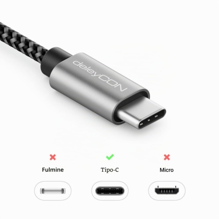 Cablu USB-C la USB-C deleyCON 2 m, Împletitură din Nailon, Conectori Metalici, Încărcare Rapidă și Sincronizare Date, pentru Smartphone și Tablete - Img 2