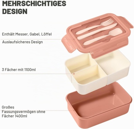 Caserolă Alimentară Bento 1400 ml, 3 Compartimente Detașabile, Set Tacâmuri Inclus, Etanșare Antiscurgere, Compatibilă cu Microunde și Mașina de Spălat Vase, Roz - Img 4