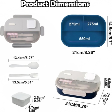 Casetă de Prânz tip Bento cu 3 Compartimente Echehi 1100 ml, Recipient pentru Prepararea Maselor cu Lingură și Furculiță Incluse, Compatibilă cu Cuptorul cu Microunde, pentru Adulți și Copii, Școală și Birou - Img 6