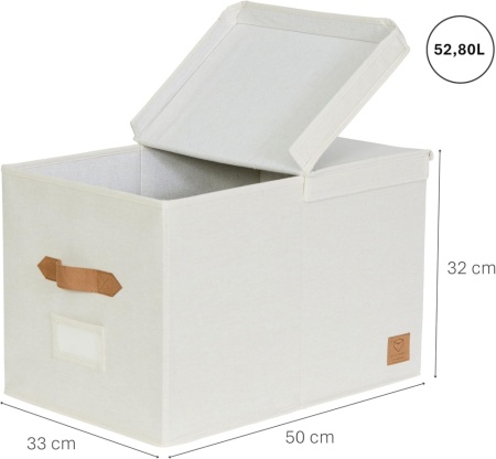 Cutie Depozitare Premium cu Capac XL Bej, Organizator Haine și Lenjerii din Țesătură de In, Mânere din Piele Ecologică, Structură Ranforsată cu Lemn, Fereastră Etichetă, 50 x 33 x 32 cm - Img 6