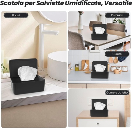 Cutie Dozator pentru Șervețele Umede cu Capac, Recipient Reîncărcabil Antipraf și Etanș, Picioare Antiderapante, pentru Baie, Birou și Mașină, 18.5 x 12 x 7.3 cm, Negru - Img 5