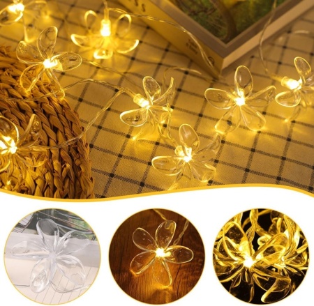 Ghirlandă Luminoasă LED Flori de Cireș (Cherry Blossom) 3 m, 20 LED-uri Lumină Caldă, Alimentare cu Baterii 3x AA, Fir Flexibil din Cupru, 2 Moduri de Iluminare (Continuu / Intermitent), Rezistentă la Apă, Decor Interior și Exterior - Img 4