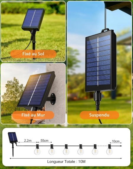 Ghirlandă Solară Luminoasă de Exterior 10 m cu 15+1 Becuri LED G40, 8 Moduri Iluminare, Telecomandă, Încărcare Dublă Solar și USB, Baterie 1800 mAh, Impermeabilă IP44, Lumină Caldă 2700K, pentru Grădină, Terasă și Foișor - Img 5