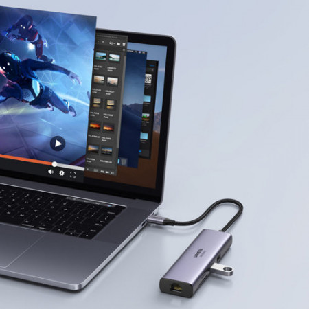 HUB multifunctional Ugreen 7in1 USB Type C - 2x USB 3.2 Gen 1 / HDMI 4K 60Hz / Cititor de carduri SD si TF / USB Tip C PD 100W / RJ45 1000Mbps (1Gbps) gri (60515 CM512) - Img 3