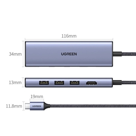 HUB Ugreen CM511 20956A 6in1 USB-C - HDMI / 3x USB-A 3.0 / cititor de carduri SD/TF - gri - Img 7