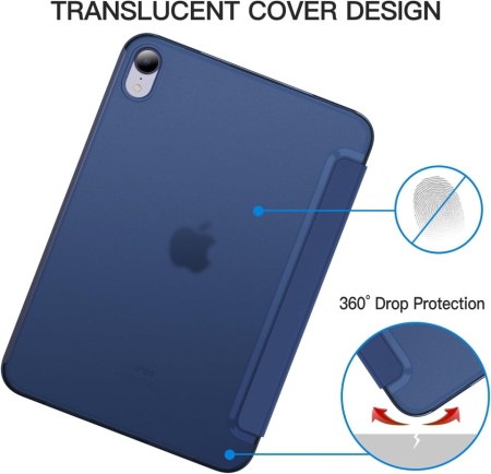 Husă de Protecție Tri-Fold pentru iPad mini 7 A17 Pro (2024) / iPad mini 6 (2021), Smart Cover cu Funcție Auto Sleep/Wake, Spate Mat Translucid, Albastru Închis (Navy Blue) - Img 3