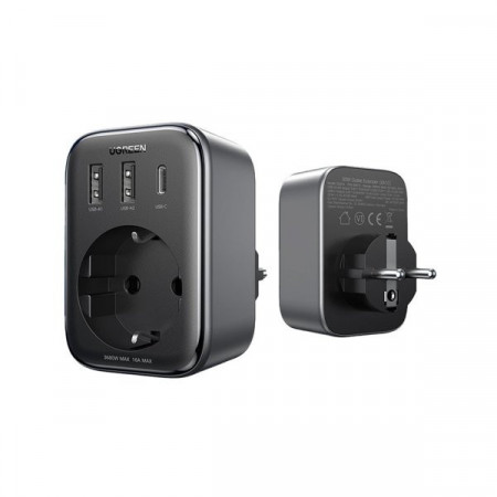 Incarcator de perete 30W (2xUSB/USB C/AC) / adaptor EU - EU 13A Ugreen CD314 - negru