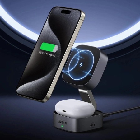 Incarcator inductiv Ugreen W526 3in1 MagSafe / Qi pentru telefon / casti cu port USB-C - negru - Img 3