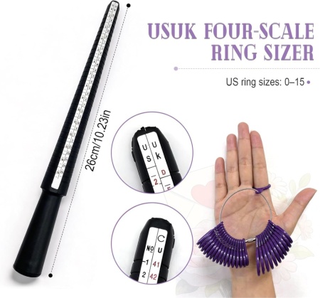 Kit Complet pentru Măsurarea Mărimii Inelelor și Degetelor, Mandrină Gradată US/UK 26.5 cm și Set Inele de Calibrare Mov Mărimi US 0–13, Dispozitiv Precis pentru Bijuterii, Verighete și Inele de Logodnă - Img 6