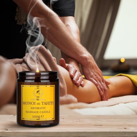 Lumânare pentru Masaj Cald Monoi de Tahiti 100 g, din Ceară Naturală de Soia, Ulei de Cocos și Oleorășină de Vanilie, Ulei Hidratant de Corp, Aromaterapie și Relaxare - Img 5