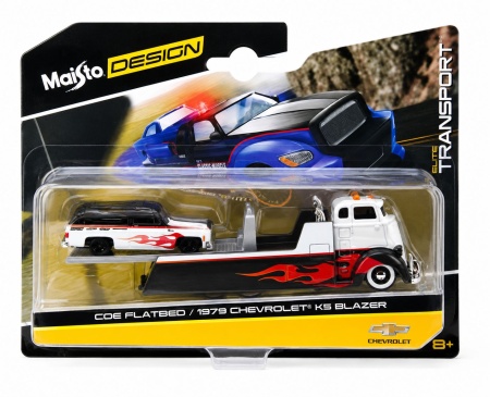 MAISTO DESIGN ELITE TRANSPORT SET CAMION CU RAMPA COE FLATBED SI MASINUTA CHEVROLET K5 BLAZER 1979 SCARA 1 LA 64 - Img 2