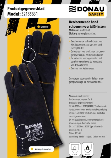 Mănuși de Protecție pentru Sudură MIG DONAU SAFETY, Piele Naturală de Bovină, Căptușeală din Bumbac Absorbant, Manșetă Lungă pentru Antebraț, Mărimea 10 (XL), Negru - Img 3