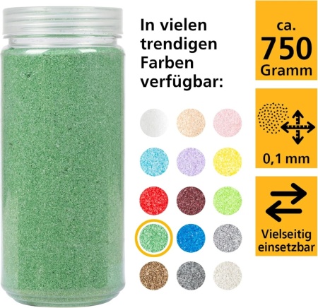Nisip Decorativ Fin HEIKO 30330-17, Culoare Verde, Granulație 0.1 mm, Recipient Resigilabil 750 g, Nisip Colorat pentru Aranjamente Florale, Vaze, Lumânări, Terarii și Proiecte Creative DIY - Img 5