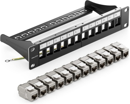 Panou Patch Modular de 12 Porturi deleyCON, 1U, Rack 10 Inch + 12 Bucăți Module Keystone RJ45 CAT6a, Negru - Img 4