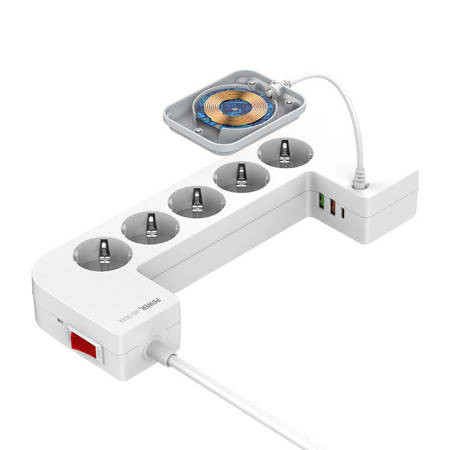 Prelungitor cu 5 prize AC, 3x USB, cu functie de incarcare wireless, LDNIO SEW5359, 2m (alb)