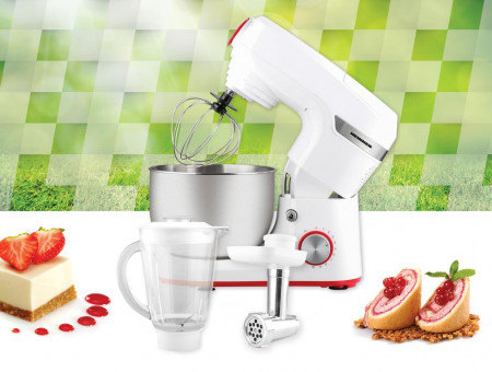 Robot de bucatarie Heinner HPM-1000WH, 1000W, miscare planetara, accesoriu masina de tocat si blender, bol 5.5 L, 10 viteze + pulse, Alb - Img 4