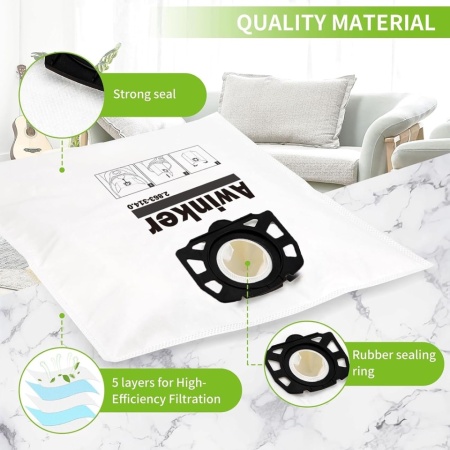 Set 10 Saci de Filtrare din Pânză Textilă (Fleece) Compatibili cu Aspiratoare Umed-Uscate Kärcher WD 2, WD 3, MV 3, SE 4001, SE 4002, Microfibră 3 Straturi Rezistentă la Rupere, Filtrare 99.97% - Img 3