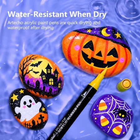 Set 120 Markere Acrilice cu Vârf Dublu Artecho (Vârf Pensulă 0.5-5 mm și Vârf Fin 1 mm), Cerneală pe Bază de Apă, Rezistente la Apă, pentru Pictură pe Piatră, Pânză, Lemn, Sticlă, Ceramică, Textil, Husă de Depozitare Inclusă - Img 2