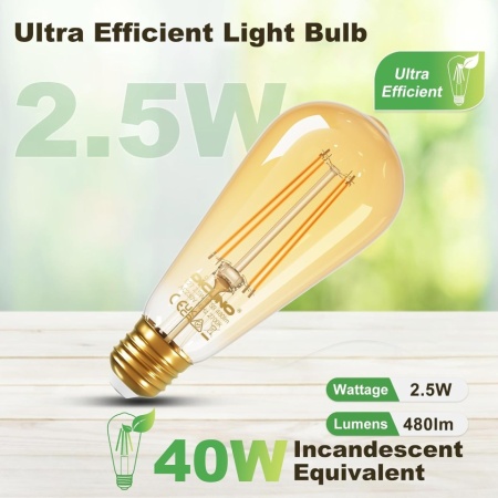 Set 2 Becuri LED Vintage Edison E27 DiCUNO Clasa B 2.5W (Echivalent 40W), 480 lm, Lumină Caldă 2700K, Sticlă Chihlimbar ST58 / ST18 - Img 8