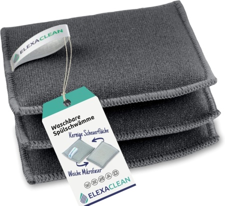 Set 3 Bureți de Vase cu Față Dublă ELEXACLEAN, 10 x 8 cm, Microfibră și Suprafață Abrazivă Anti-Zgârieturi, Lavabili la Mașină, Reutilizabili, Antracit - Img 2