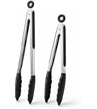 Set 3 clesti de bucatarie din inox cu varfuri din silicon termorezistent, mecanism de blocare, pentru gatit, servire si gratar / BBQ, Negru - Img 4