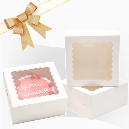 Set 5 Cutii pentru Tort cu Fereastră și 5 Baze Rotunde Cartonate de 25x25 cm, Albe - Img 5
