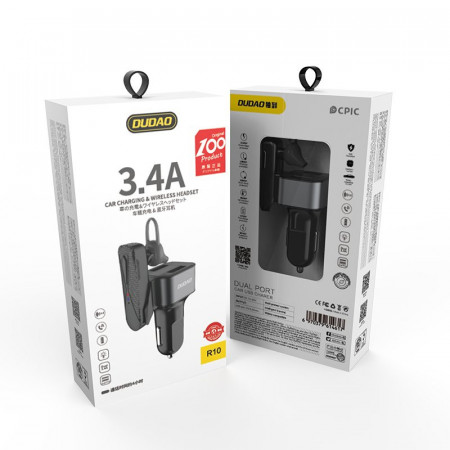 Set auto Dudao 2x încărcător USB 3.4A + casca Bluetooth , negru (R10) - Img 6