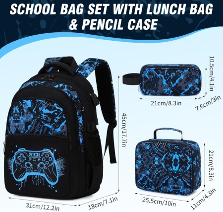 Set Ghiozdan Școlar Gamer 3 Piese cu Efect Fosforescent Glow-in-the-Dark, Ghiozdan Ergonomic și Impermeabil 25 L pentru Laptop 15.6", Penar Inclus, pentru Copii și Adolescenți 6-12 Ani, Albastru - Img 8