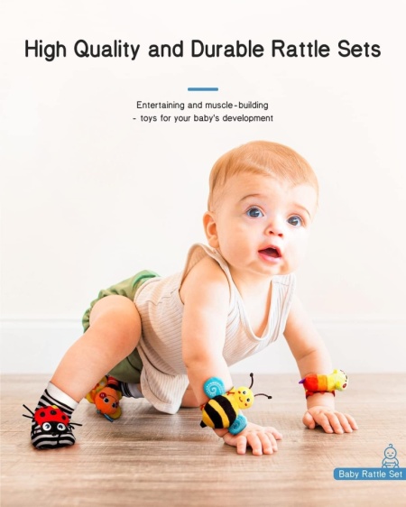 Set Jucării Educative pentru Bebeluși cu Zornăitoare de Mână și Șosete cu Sunet (Wrist Rattle Socks &amp; Foot Finder), 0-12 Luni - Img 4