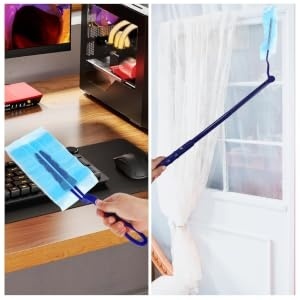 Set pămătuf de praf cu mâner rotativ 38 cm (15'') și 10 rezerve electrostatice de unică folosință, fără parfum, compatibil Swiffer Duster, pentru mobilier, electronice și bucătărie - Img 2