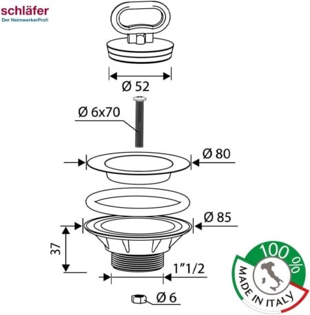 Sifon Ventil de Scurgere Universal pentru Chiuvetă de Bucătărie, Coș Filtru Inox 304 Satinat Ø 80-85 mm, Racord 1 1/2", Dop Cauciuc Rigid și Garnituri Incluse, Fabricat în Italia - Img 7