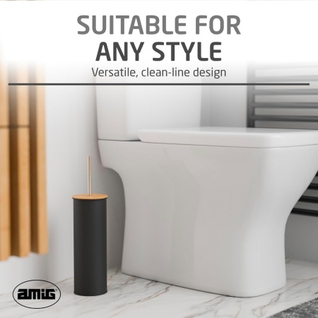 Suport cu Perie de Toaletă AMIG Naturline Ø 9.5 x 38 cm, Oțel Inoxidabil și Detalii din Lemn de Bambus Natural, Design Modern Minimalist, Negru Mat - Img 6