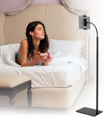 Suport de Podea Reglabil pentru Tabletă și Telefon LanPavilion, Braț Flexibil Tip Gât de Lebădă 40 cm, Rotație 360°, Bază Metalică Stabilă și Grea (1.8 kg), Compatibil 4.7–12.9 Inch, Negru - Img 3