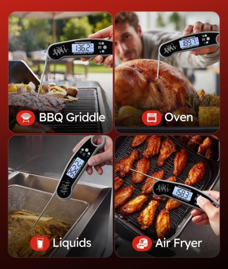Termometru Digital Profesional pentru Carne și Alimente BESROY, Sondă Pliabilă din Inox Alimentar, Citire Rapidă 2–3s, Ecran LCD Iluminat, Carcasă Rezistentă la Apă, Gri Neutru - Img 4