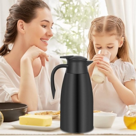 Termos cana termica pentru cafea si ceai, 2 Litri (70 oz), din inox alimentar cu pereti dubli vidati, cana izoterma mentinere cald/rece, capac cu buton de turnare, Argintiu/Negru - Img 5
