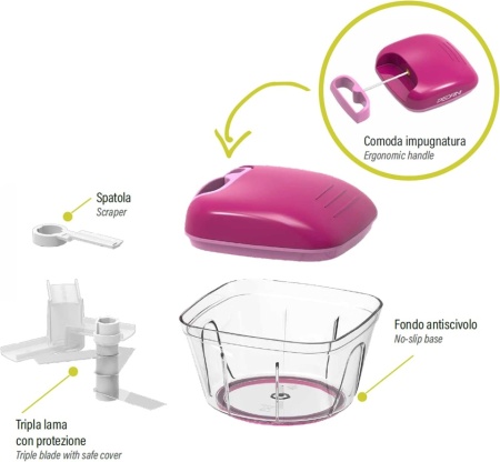 Tocător Manual cu Sfoară Pedrini, 3 Lame din Oțel Inoxidabil, Mâner Ergonomic și Bază Antiderapantă, Recipient Transparent pentru Legume și Verdețuri - Img 4