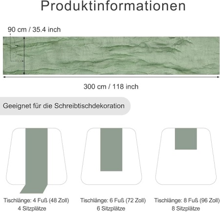 Traversă de masă decorativă Cheesecloth, 300 x 90 cm, Verde Salvie (Sage Green), din pânză topită tip tifon stil Boho/Rustic, pentru nunți, botezuri, petreceri și sărbători - Img 2