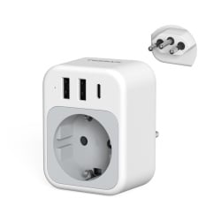Adaptor Priză de Călătorie TESSAN Brazilia / Africa de Sud Tip N, Adaptor Priză Universală cu Porturi USB și USB-C, Conector Împământat Schuko UE la Priză Braziliană Tip N