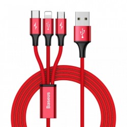 Cablu pentru incarcare pentru toate tipurile de dispozitive, Baseus Rapid USB, cu mufe Micro-USB, USB-C, Lightning, 3A, 1,2M, rosu