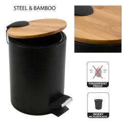 Coș de Gunoi cu Pedală pentru Baie Spirella ADONIS (Capacitate 3 L), Oțel Inoxidabil Negru Mat, Capac din Lemn de Bambus cu Închidere Lentă Easy-Close, Recipient Interior Detașabil, Ø 17 x 22.5 cm - Img 5